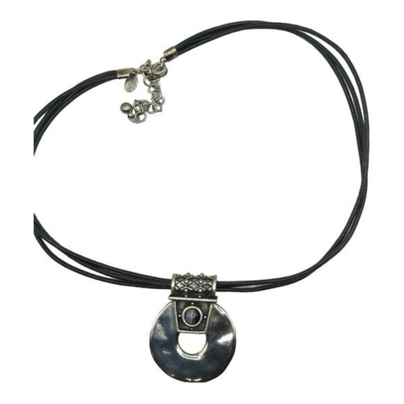 Chico’s Silver Pendant With Blue Tiger Eye Stone and Leather Necklace 11.5” Long - Picture 10 of 11